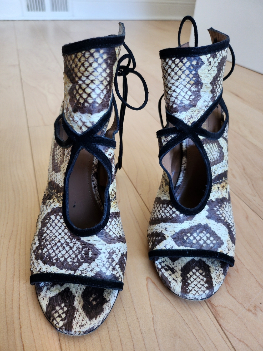 Aquazzura Brown & Cream Snake-Print Peep Toe Lace-Up Cutout Heels EU37.5